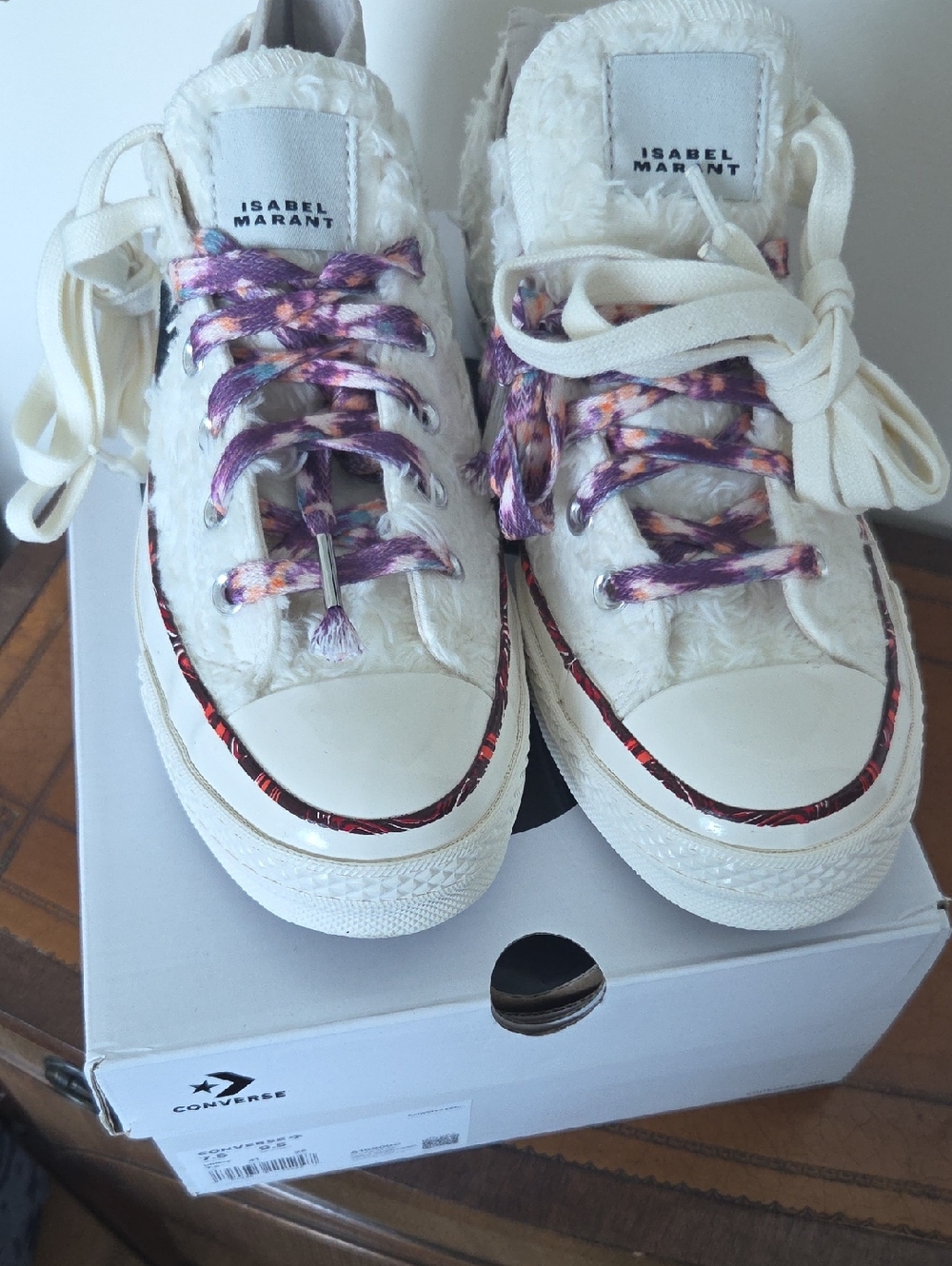 Converse x Isabel Marant White Fuzzy Sneakers with Purple Accent Laces